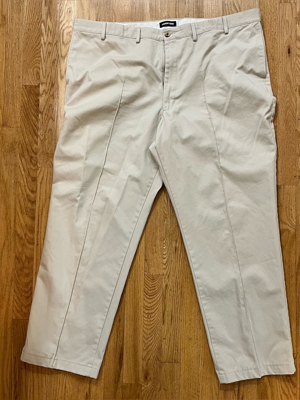 46T Lands’ End Khaki Pants. EUC. 100% Cotton Flat Front. Pintuck Crease, No Iron